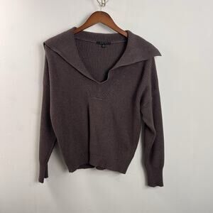 Cyrus Lapel V-Neck Sweater Large Ribbed Knit Soft Pullover Preppy Fall Top